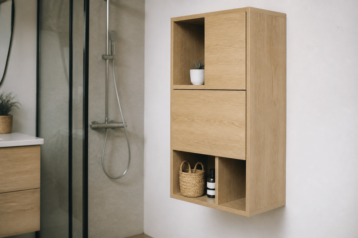 Petits meubles salle bain bois clair suspendus rangement