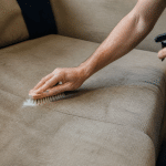 Personne frottant tissu canape avec brosse et produit nettoyant