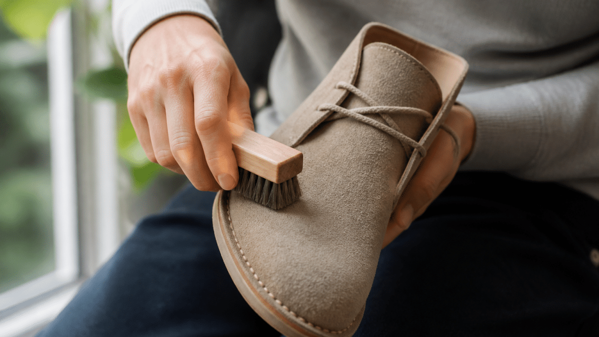 Mains frottant brosse douce sur chaussure daim beige