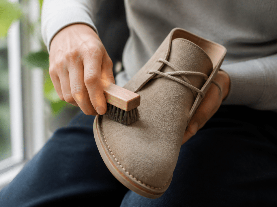 Mains frottant brosse douce sur chaussure daim beige