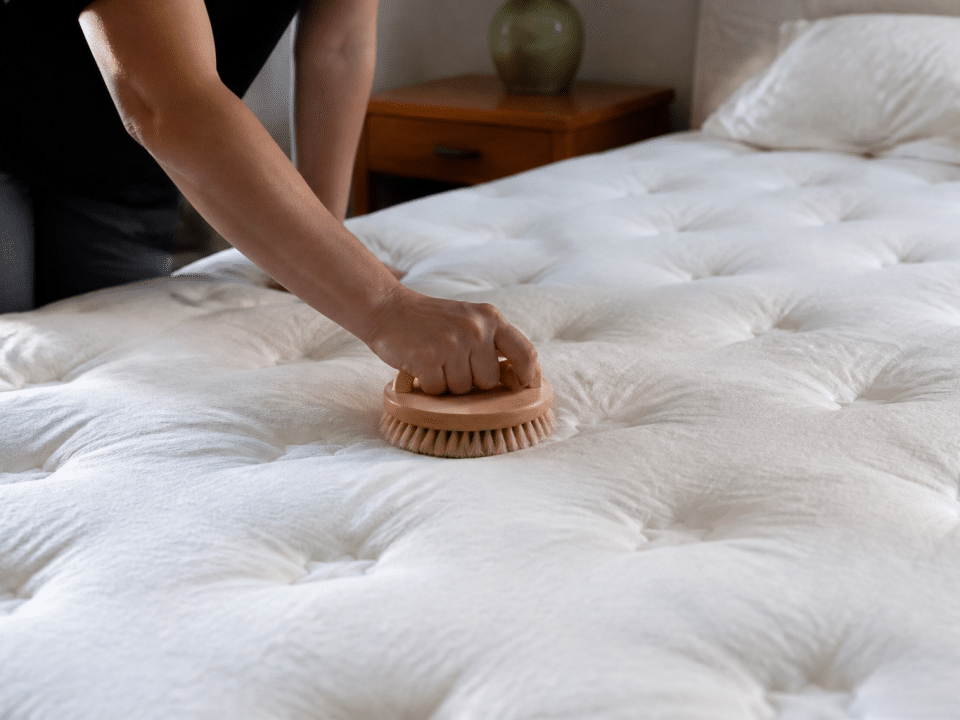 Personne frottant surface matelas blanc avec brosse circulaire