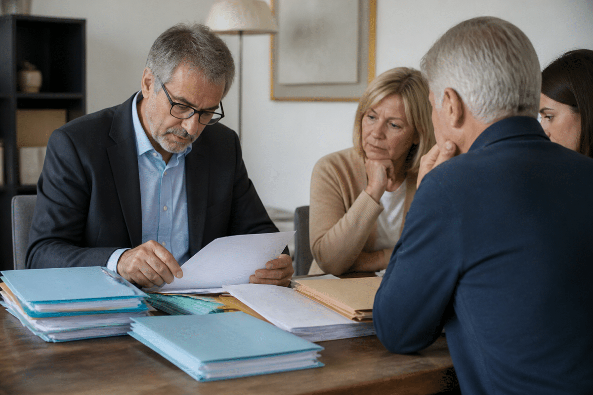 Notaire examinant documents succession avec dossiers héritiers