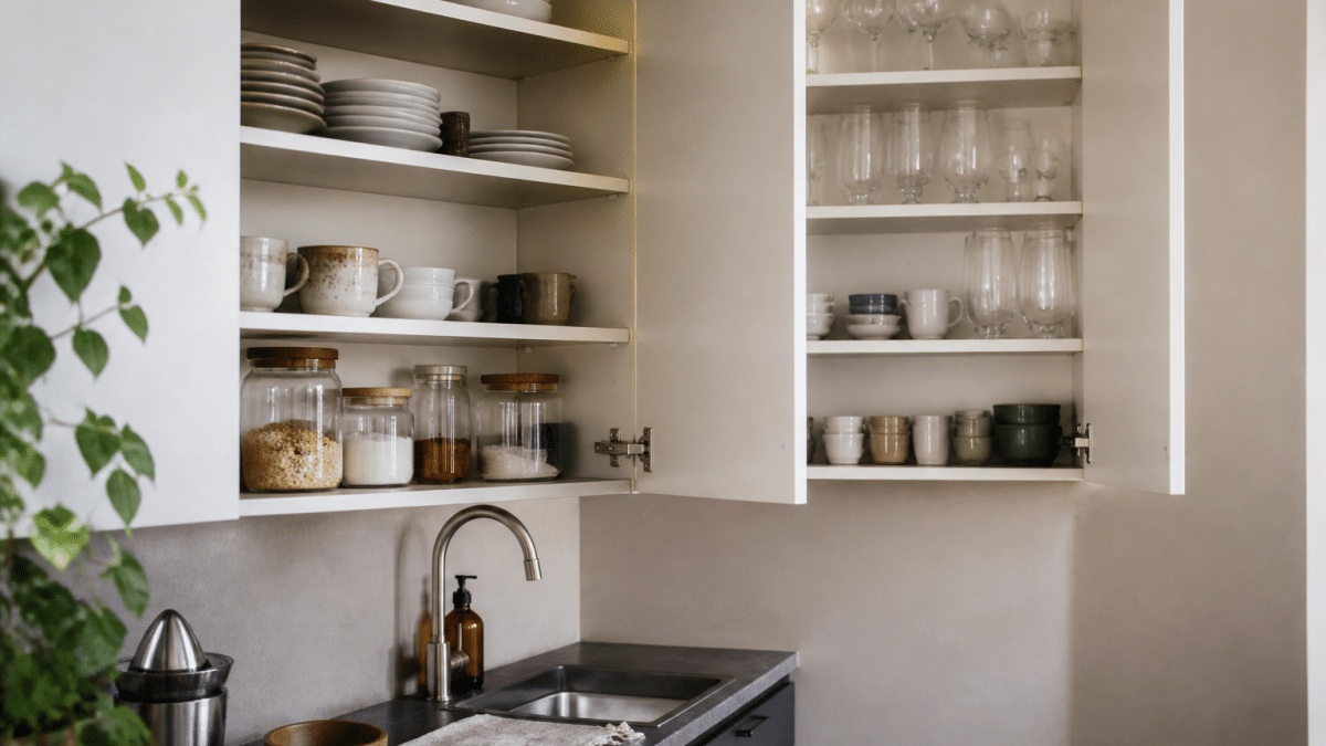Interieur de cuisine avec placards ouverts, articles organises sur etageres