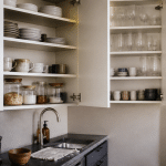 Interieur de cuisine avec placards ouverts, articles organises sur etageres