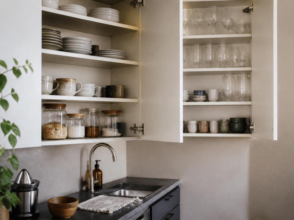 Interieur de cuisine avec placards ouverts, articles organises sur etageres