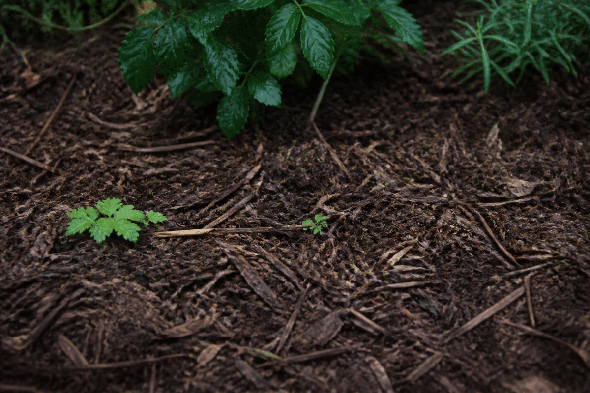 Couche de paillis brun couvrant terre humide jardin