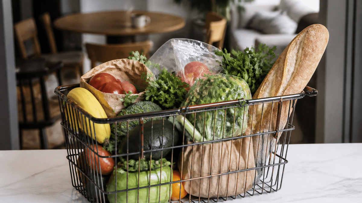 Panier d'epicerie rempli de produits alimentaires sur comptoir blanc