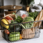 Panier d'epicerie rempli de produits alimentaires sur comptoir blanc