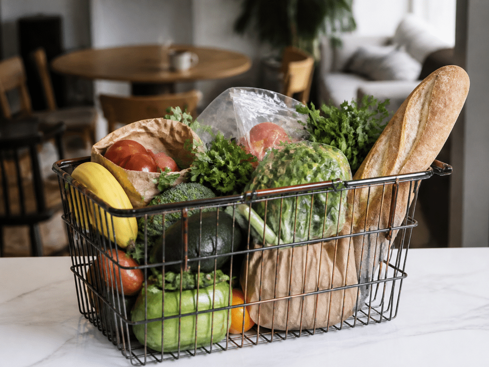 Panier d'epicerie rempli de produits alimentaires sur comptoir blanc