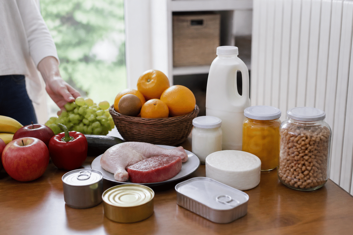 Fruits legumes viande laitiers et conserves sur table