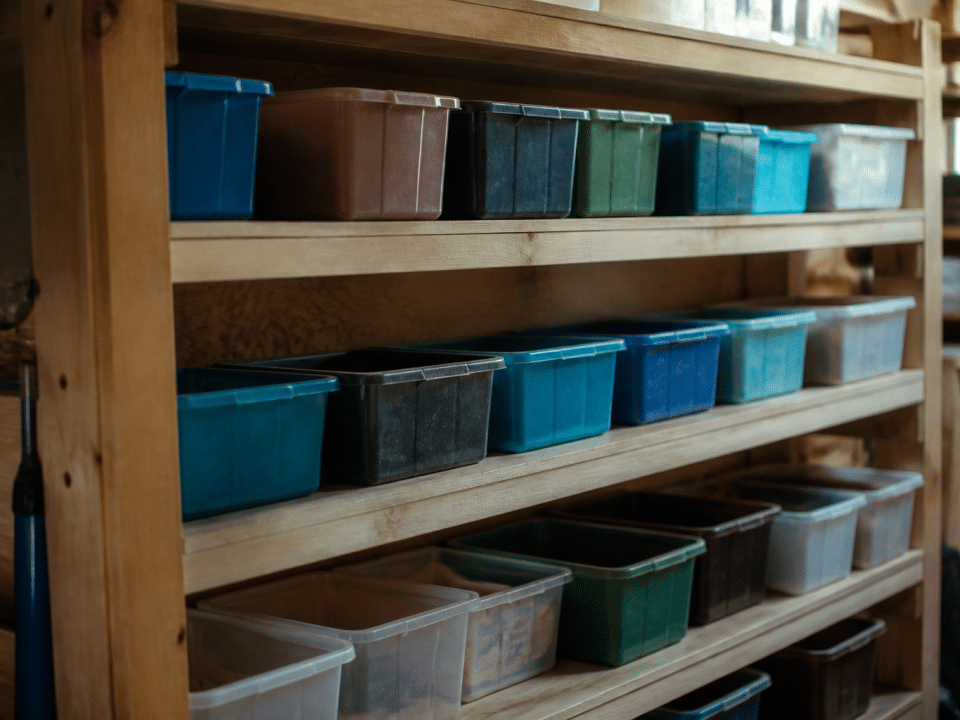 Pieces ordonnees avec boites rangement alignees sur etageres