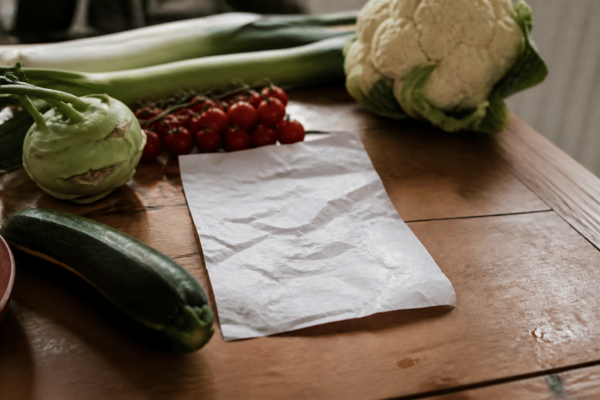 Liste de courses manuscrite posee sur table avec legumes frais