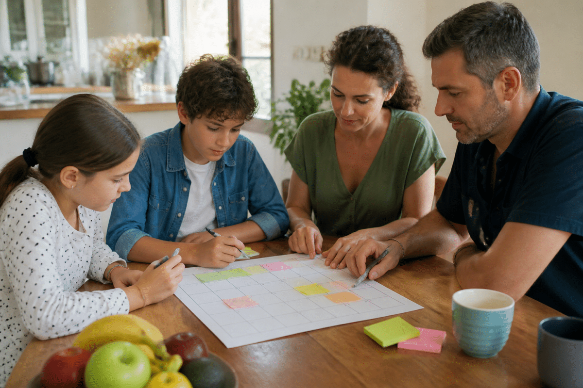 Famille autour table distribuant taches menageres sur calendrier papier