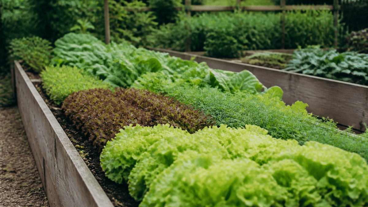 Rangees de legumes alignees dans jardin sureleve