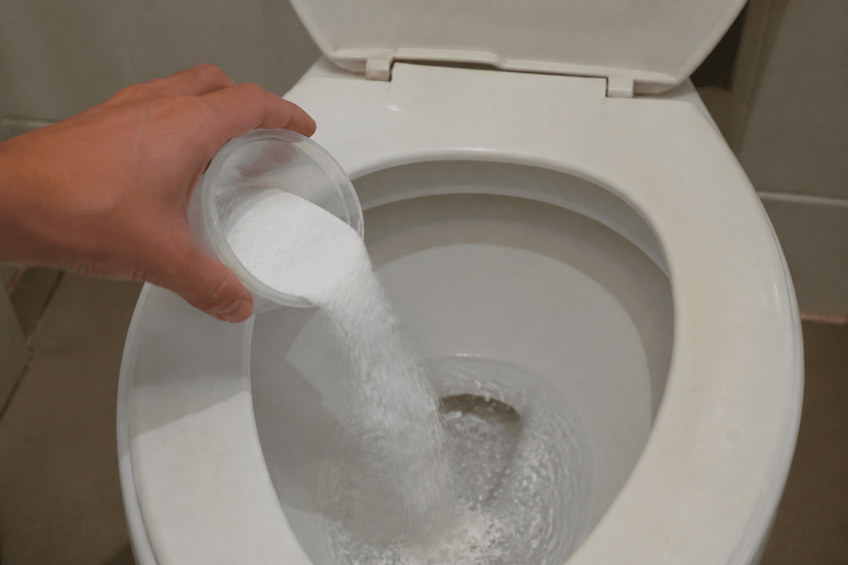 Poudre blanche versée dans toilettes avec eau chaude