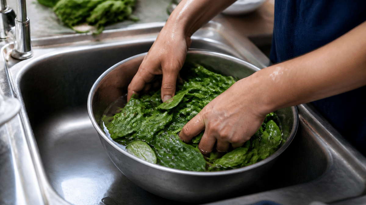 Mains lavant des feuilles d'epinards frais dans un bol