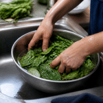 Mains lavant des feuilles d'epinards frais dans un bol