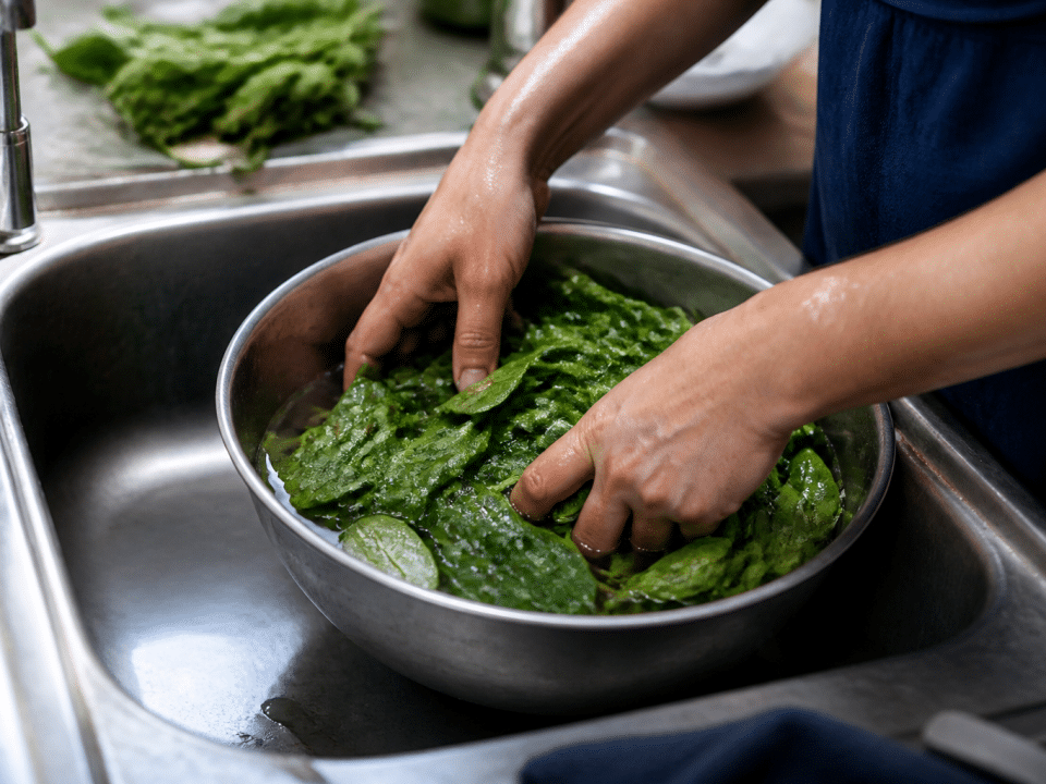 Mains lavant des feuilles d'epinards frais dans un bol