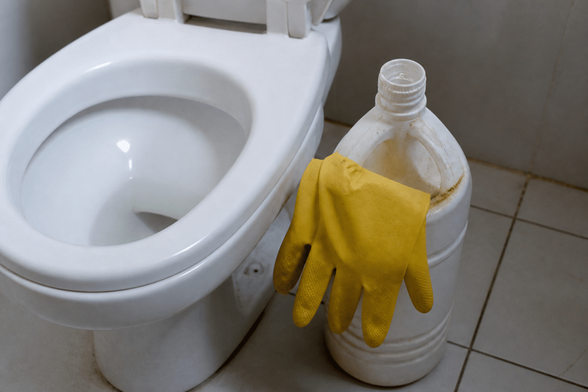 Bouteille acide chlorhydrique gants protection cuvette toilettes