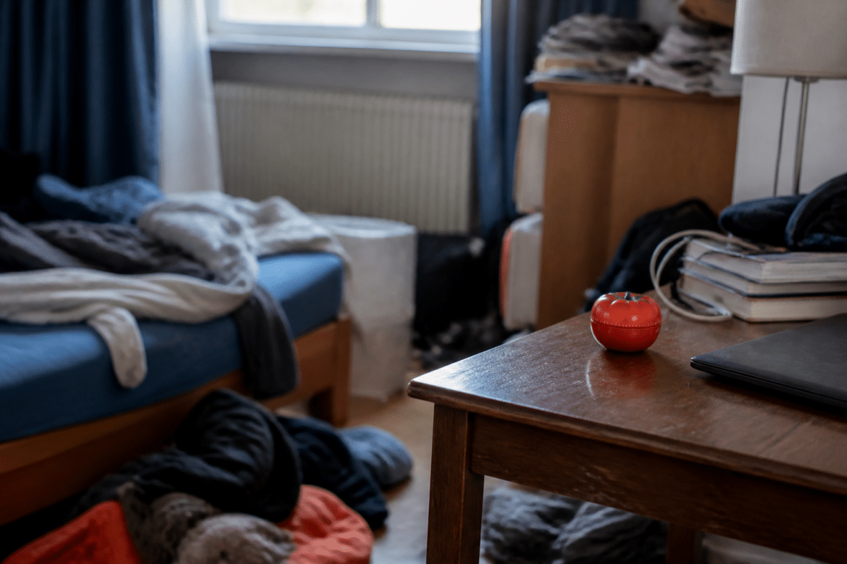 Chambre en desordre avec minuteur visible sur bureau
