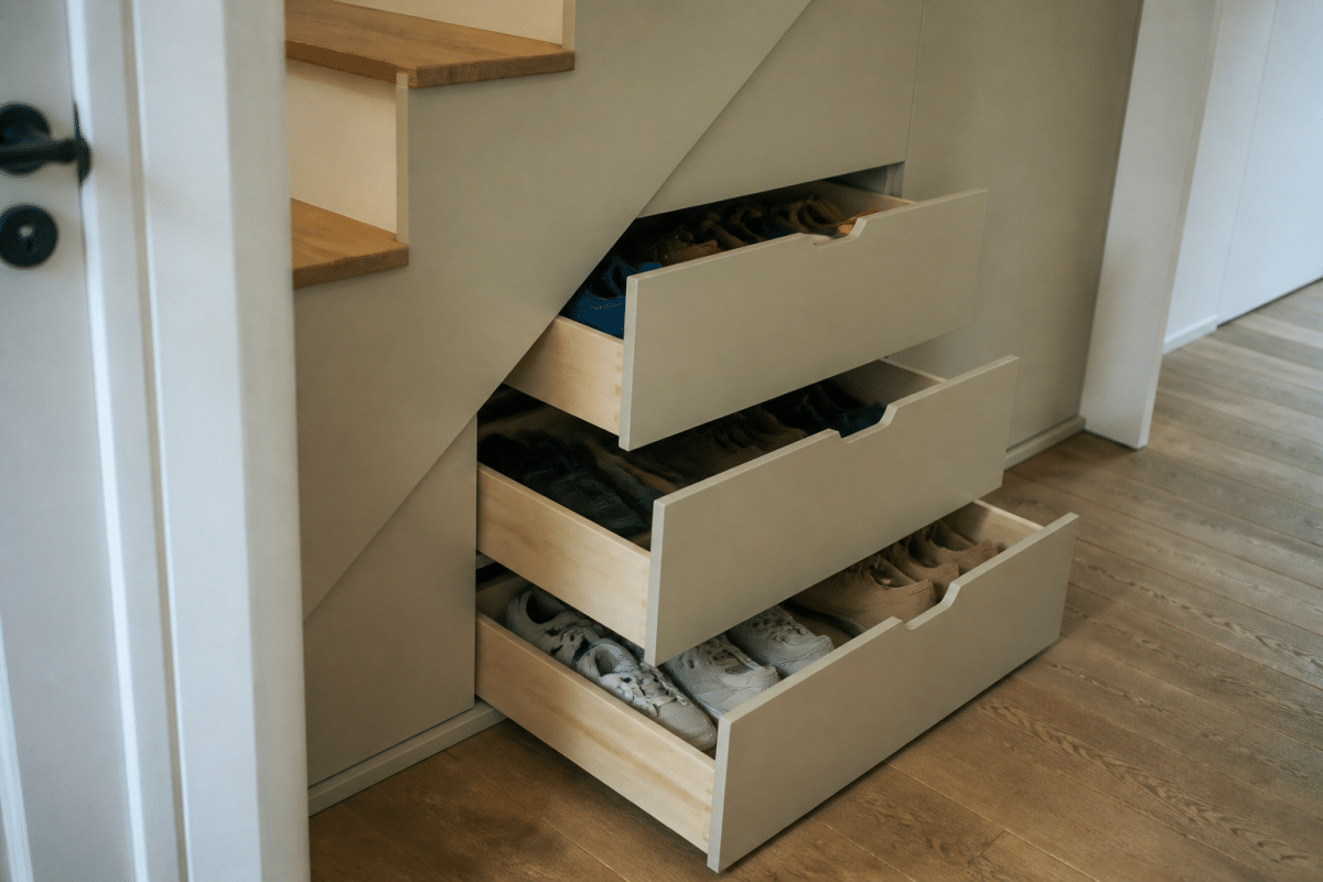 Tiroirs coulissants beige sous escalier avec chaussures rangees