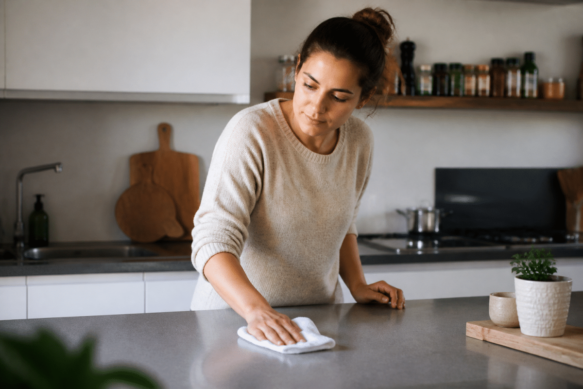 Femme essuyant comptoir cuisine avec chiffon blanc