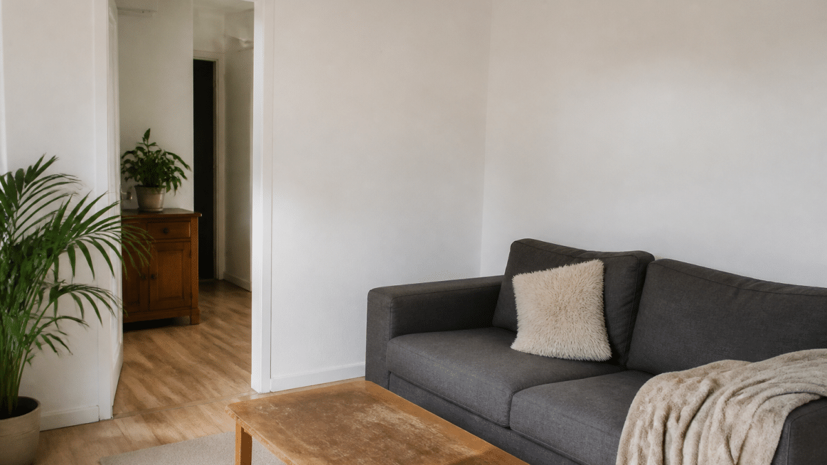 Petit salon aux murs blancs avec meubles simples et accessoires economiques