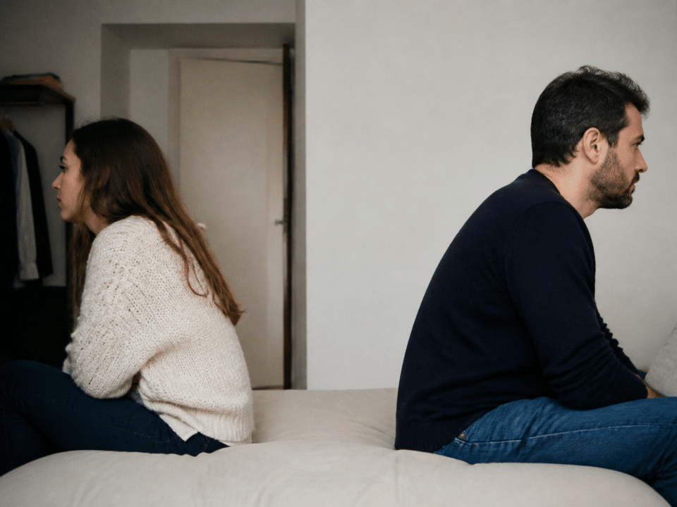 Deux personnes assises dos a dos, separees par distance