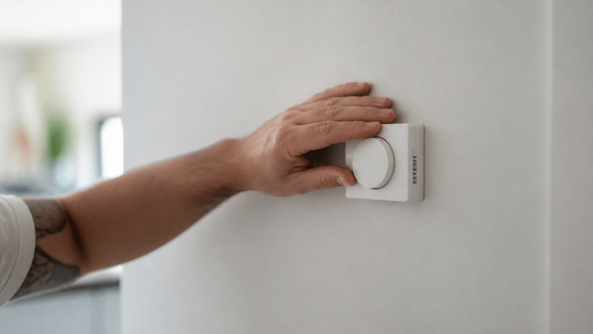Thermostat mural baisse avec main posee dessus geste economie