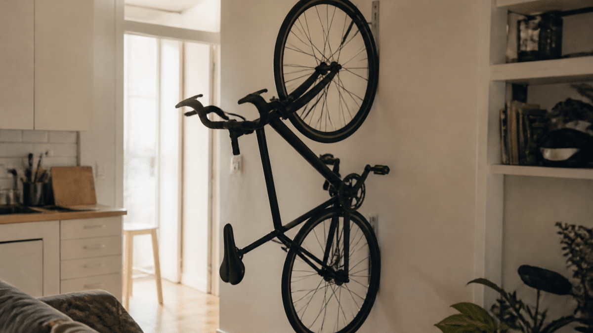 Velo suspendu verticalement au mur dans petit espace