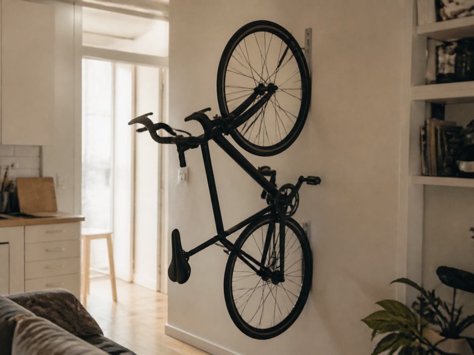 Velo suspendu verticalement au mur dans petit espace