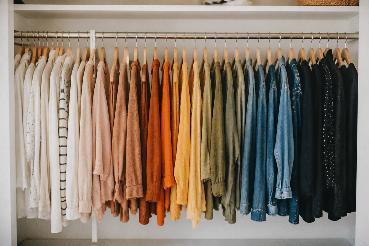 Vetements organises par type et couleur sur cintre