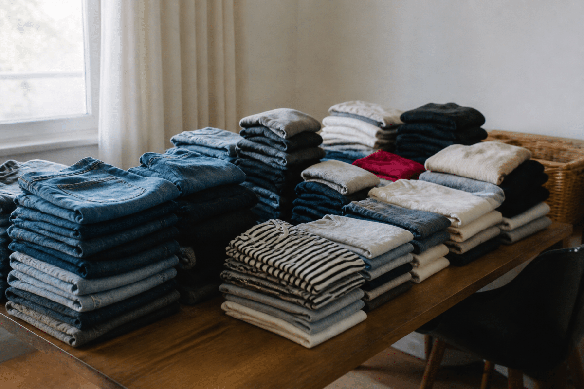 Vetements organises par piles de types differents