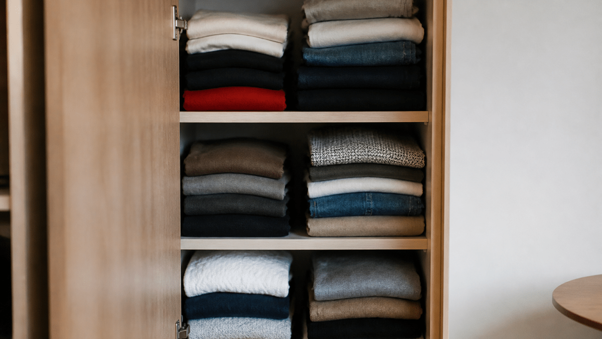 Vetements plies en piles organisees verticalement dans placard ouvert