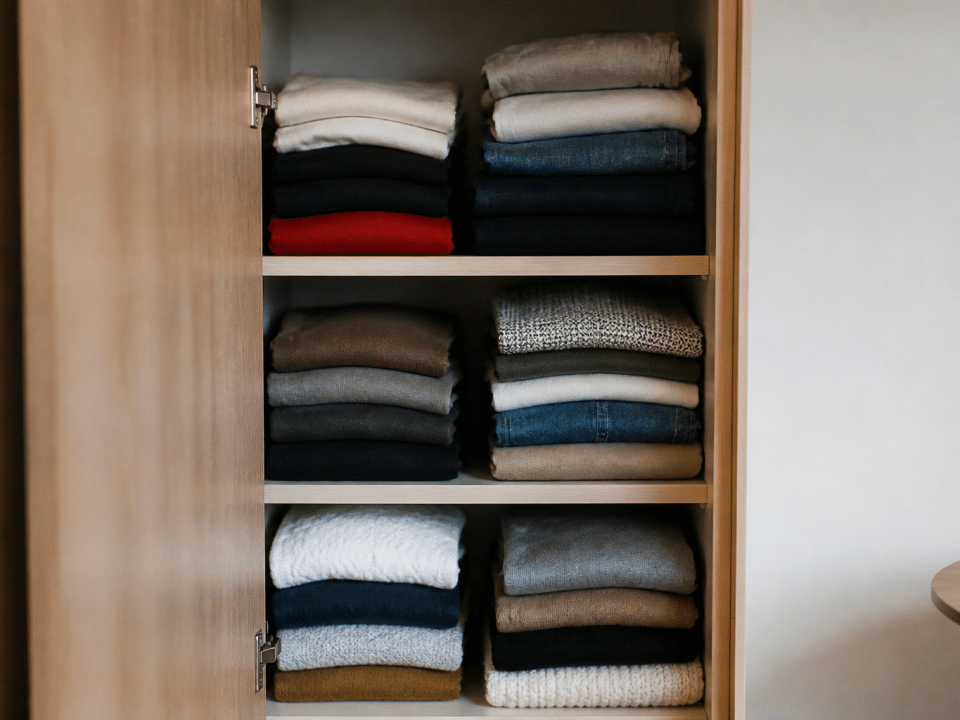 Vetements plies en piles organisees verticalement dans placard ouvert