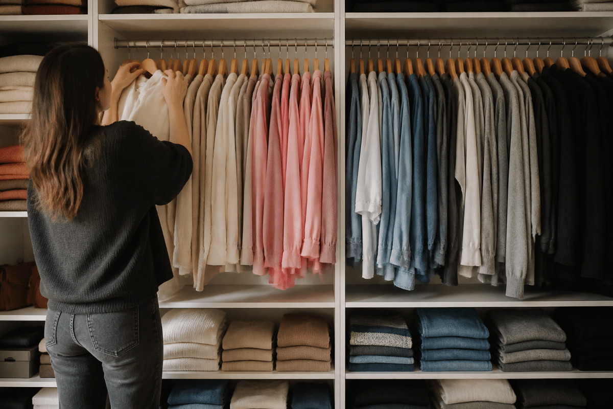 Vetements ranges par couleur dans un dressing organise