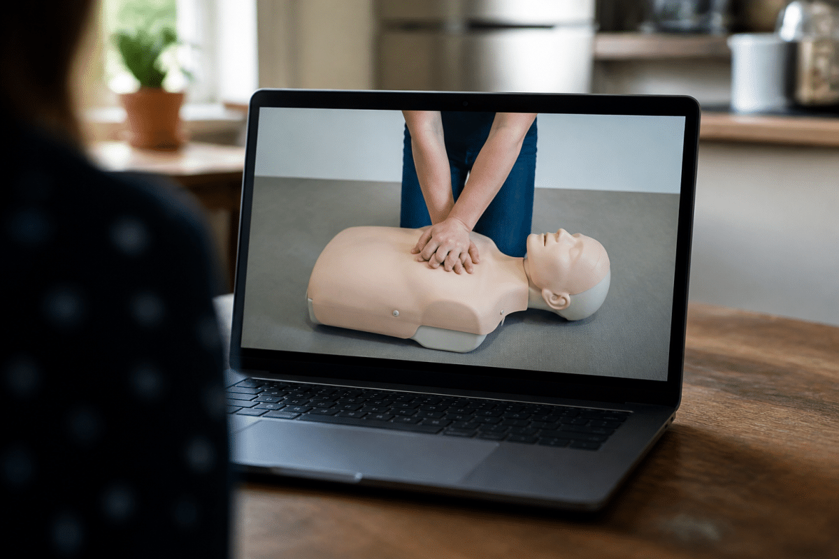 Ecran affichant video tutoriel premiers secours avec mannequin